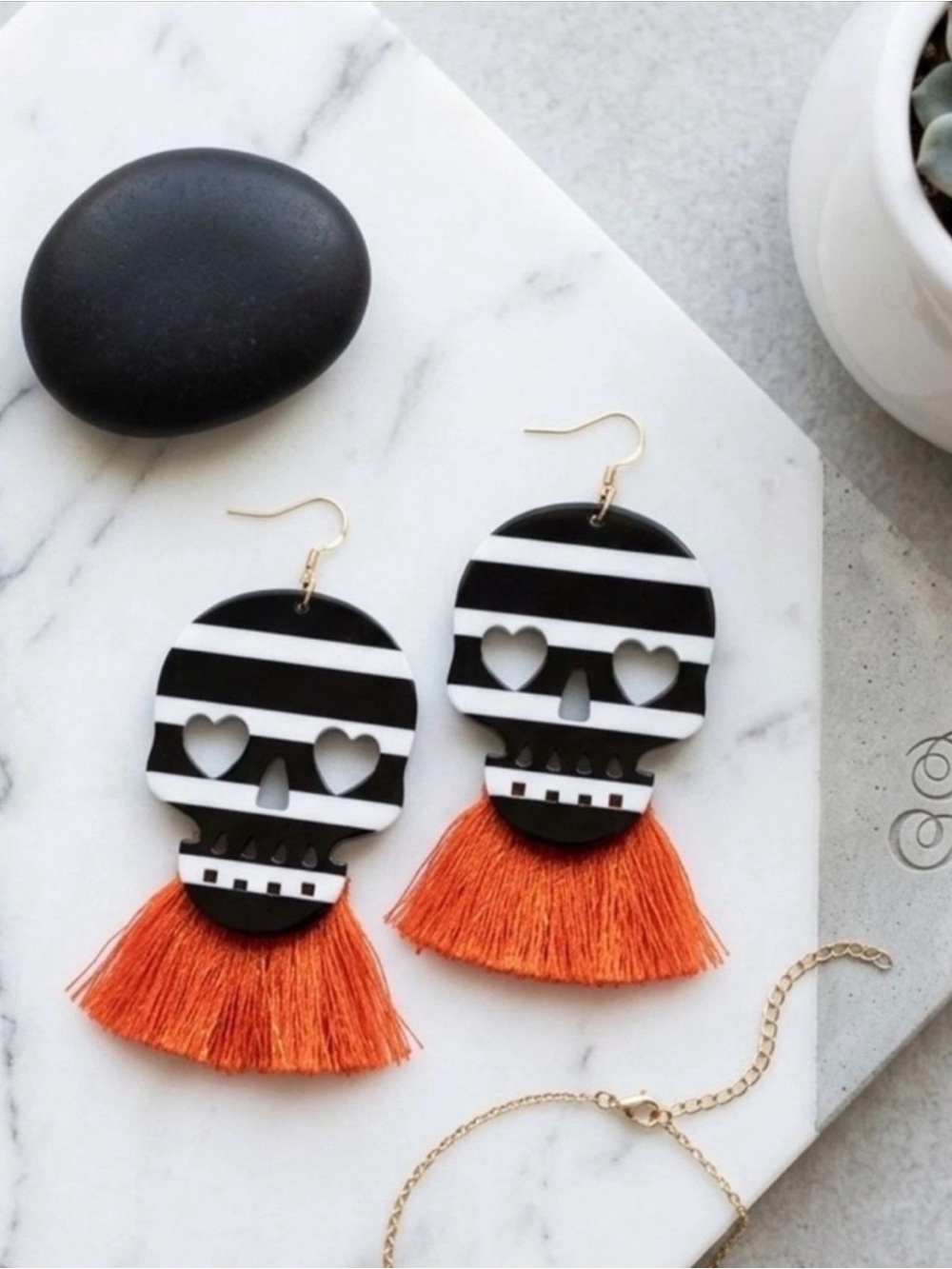 Plunder Design Striped Skull Drop Dangle Earrings with Tassels